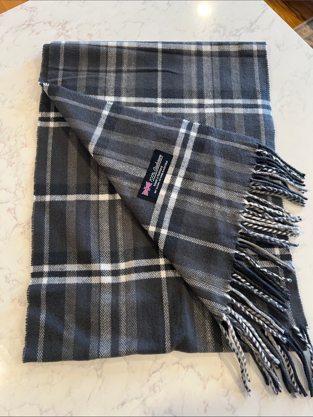 100% Cashmere Grey Plaid Fringe Scarf - Made in Scotland, Men's Accessory